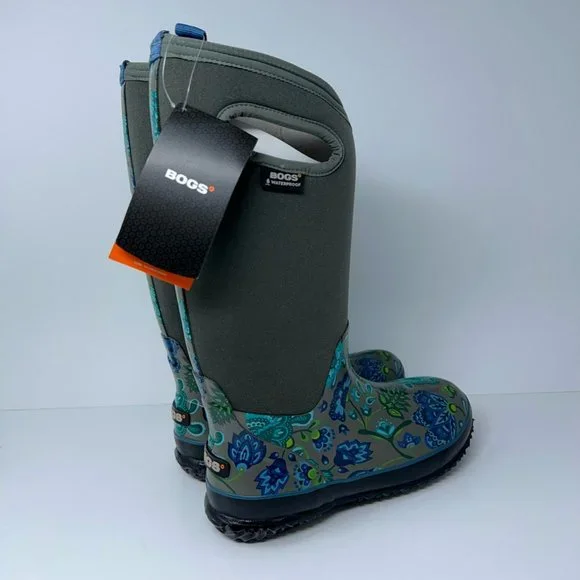Bogs Womens Classic Winter Blooms Boots Blue Gray Floral Mid Calf Pull On 6 New